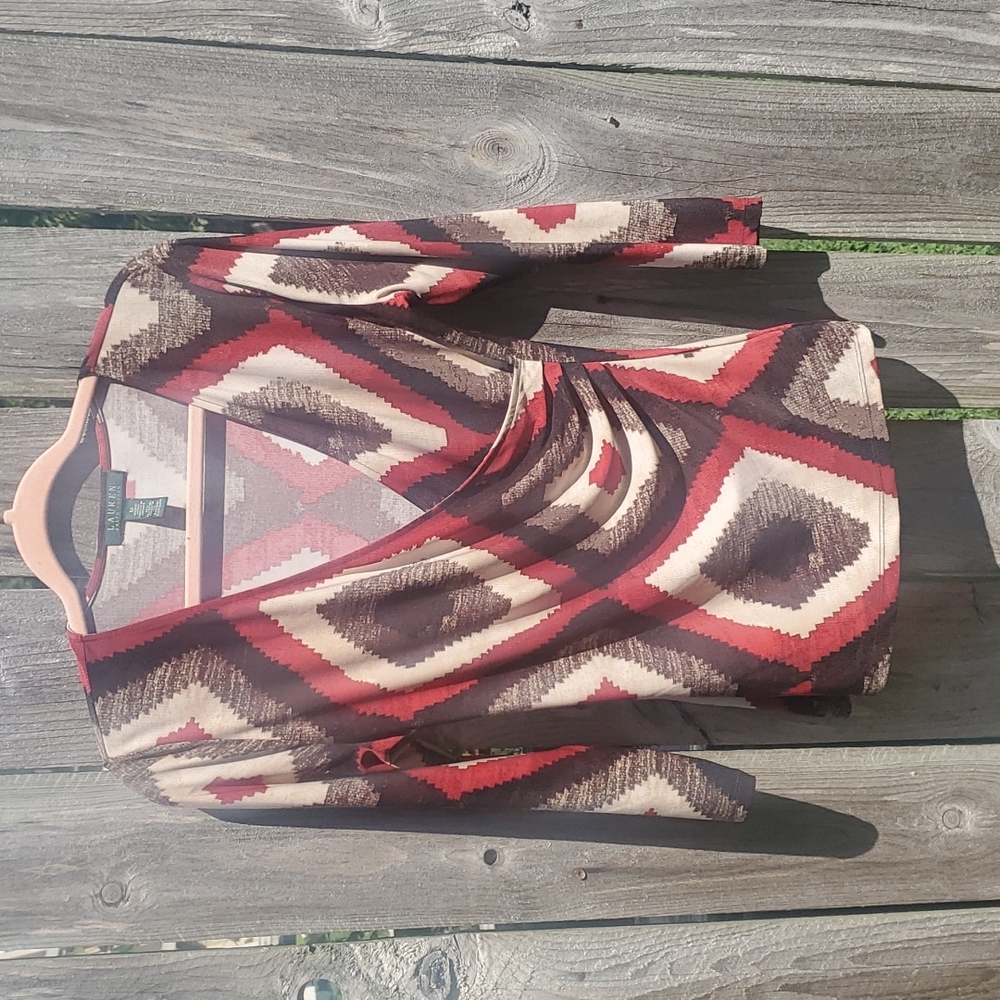 Ralph Lauren Blouse size M, faux wrap 3/4 sleeves neutral Aztec design.